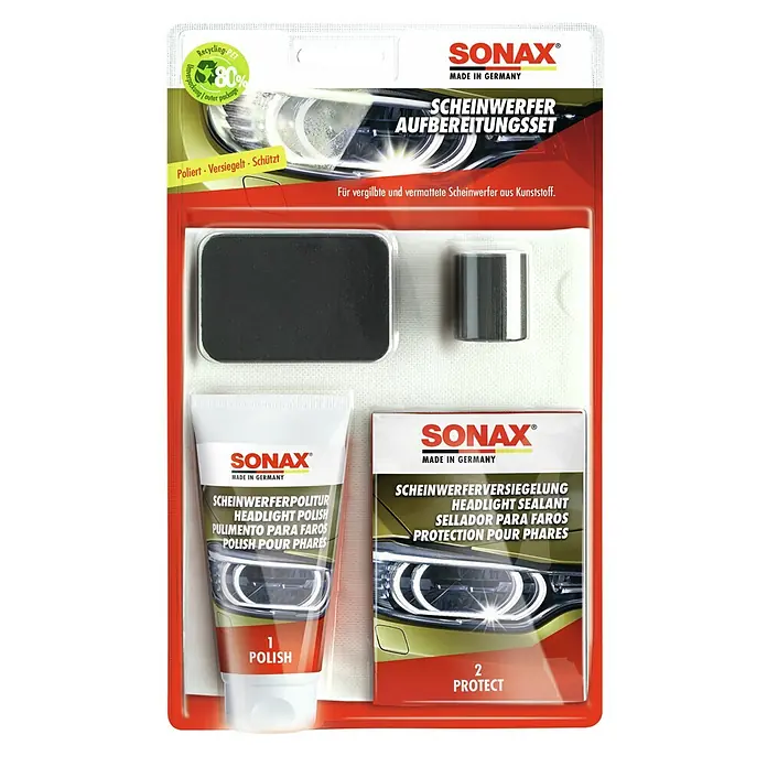 Sonax Scheinwerfer-Aufbereitungs-Set - Geeignet für: Scheinwerfer - SONAX Scheinwerfer-Aufbereitungsset zur Politur, Versiegelung und Schutz von Scheinwerfern aus Kunststoff für klare Sicht.
