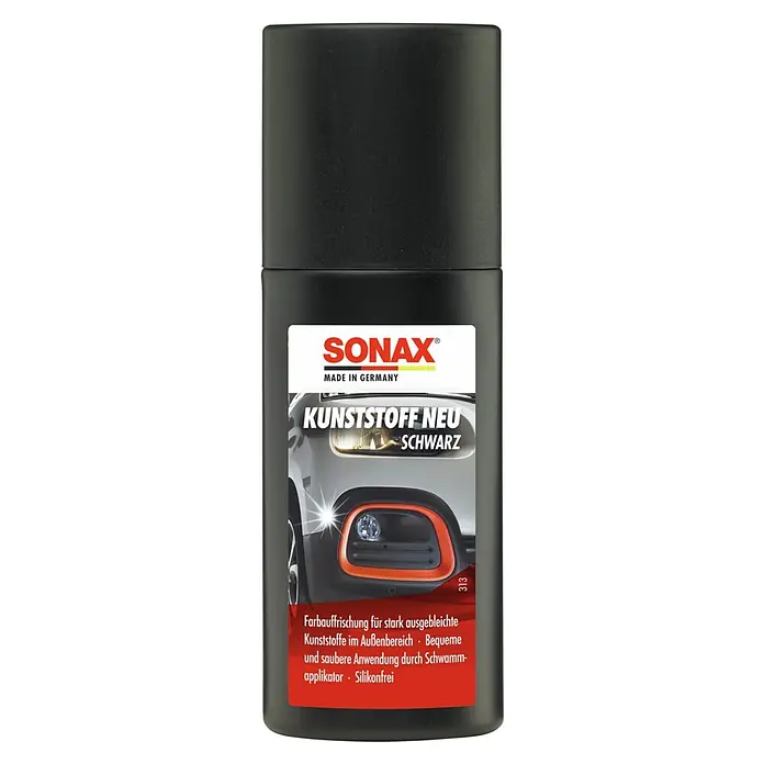 Sonax Kunststoff-Pflege - 100 ml - Schwarze Sprühflasche Sonax Kunststoff Neu Schwarz zur Kunststoffpflege im Außenbereich für Autos mit Schwammapplikator, silikonfrei.