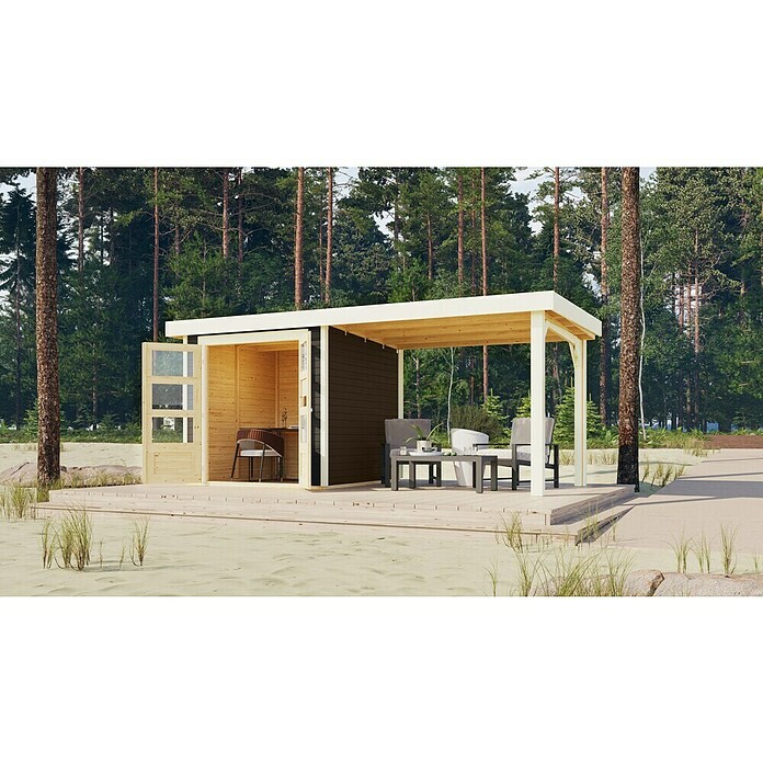 Karibu Gartenhaus Express 3 (Außenmaß inkl. Dachüberstand (B x T): 467 x 238 cm, Holz, Terragrau, Mit Anbau) | BAUHAUS