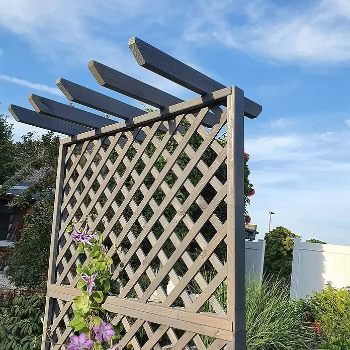 Promadino Pflanzkasten mit Pergola - Außenmaß (L x B x H): 200 x 64,5 x 102 cm, Holz, Grau - Graues Holzspalier mit Pergola-Dach, Pflanzen im Garten stützend.