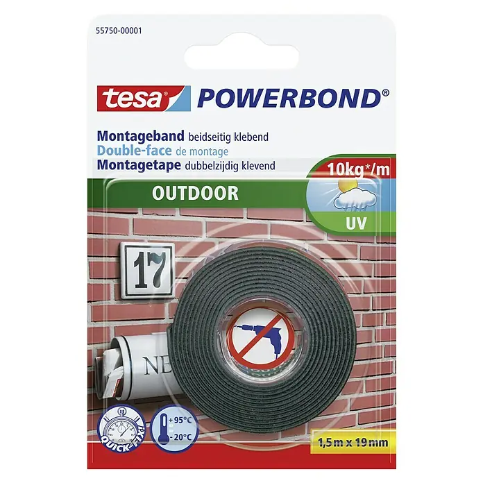 Tesa Powerbond Montageband OutdoorL x B: 1,5 m x 19 mm, Wasserbeständig - Tesa Powerbond Montageband für den Außenbereich, doppelseitig klebend, ideal für dauerhafte Befestigungen ohne Bohren.