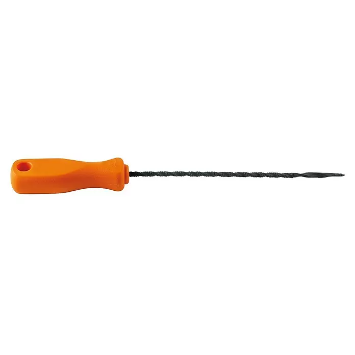 Mondelin Loch- & Stichsäge - Länge: 170 mm - Handreibahle mit orangefarbenem Griff und schwarzer, spiralförmiger Metallwelle.