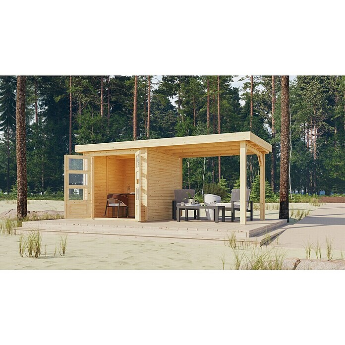 Karibu Gartenhaus Express 3 (Außenmaß inkl. Dachüberstand (B x T): 467 x 238 cm, Holz, Naturbelassen, Mit Anbau) | BAUHAUS