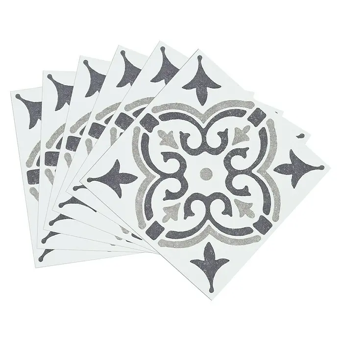 D-c-fix Fliesensticker Wall Tiles Jamila - 6 Stk., 15 x 15 cm, Grau - Ein Stapel dekorativer Bodenfliesen mit einem eleganten, grauen Muster auf weißem Grund, ideal für stilvolle Raumgestaltung.