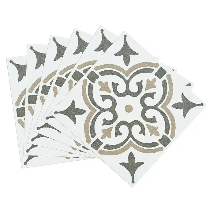 D-c-fix Fliesensticker Wall Tiles Jamila - 6 Stk., 15 x 15 cm, Olive - Nahaufnahme von sechs quadratischen Fliesen mit einem Muster aus Grau- und Beigetönen auf weißem Grund.