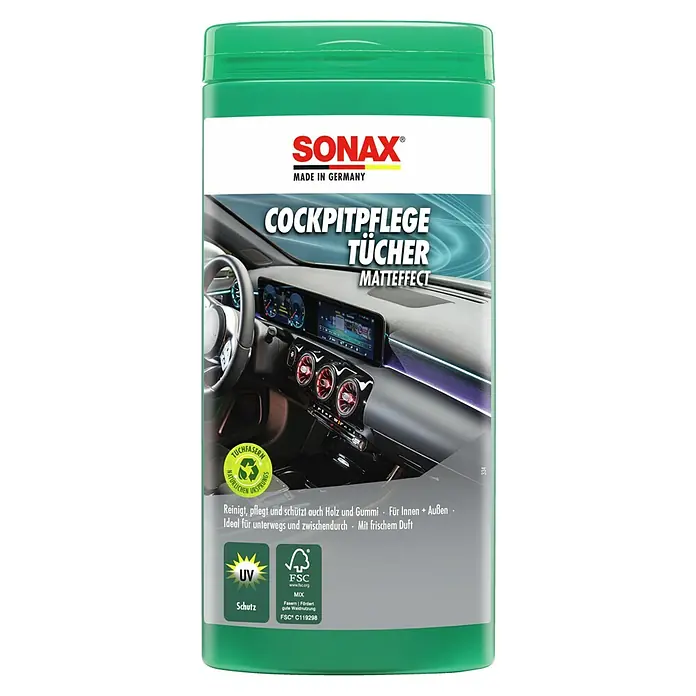 Sonax Kunststoffpflegetücher - Matt, 25 Stk. - Dose Sonax Cockpitpflege Tücher für die Reinigung und Pflege des Autocockpits mit Matt-Effekt und UV-Schutz.