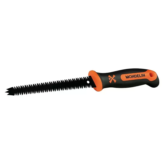 Mondelin Gipskartonplatten-Stichsäge - Länge: 160 mm - Schwarze Trockenbausäge mit spitzen Zähnen auf beiden Seiten und ergonomischem schwarz-orangenem Griff mit „Mondelin“-Logo.