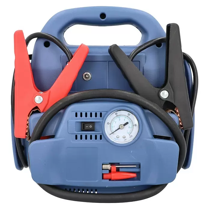 Cartrend Starthilfegerät LI-IO M. - Li-Ionen, 12 V - Blauer tragbarer Starthilfe-Batteriepack mit integriertem Luftkompressor und roten sowie schwarzen Überbrückungskabelklemmen.