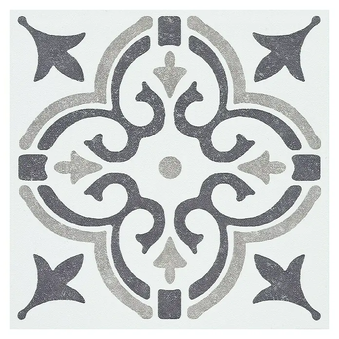 D-c-fix Fliesensticker Wall Tiles Jamila - 6 Stk., 15 x 15 cm, Grau - Weiße Dekorfliese mit symmetrischem, ornamentalem Grau- und Dunkelgraumuster, geeignet für Böden oder Wände.