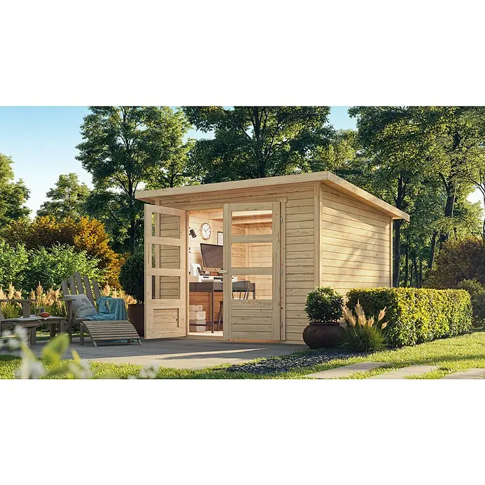 Karibu Gartenhaus Express - Außenmaß inkl. Dachüberstand (B x T): 282 x 282 cm, Holz, Naturbelassen - Ein modernes Gartenbüro aus Holz mit Glastüren, das einen hellen Arbeitsplatz im Grünen bietet. Ideal für Homeoffice und entspanntes Arbeiten.