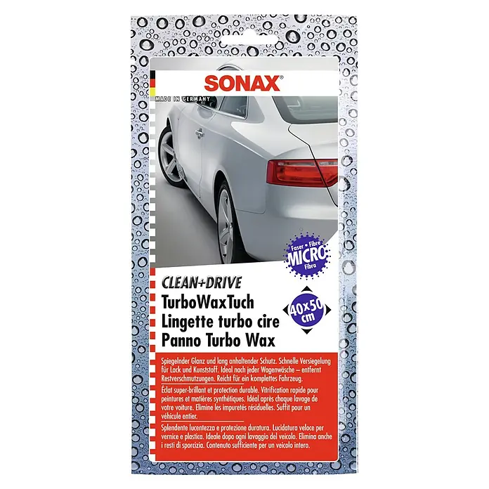 Sonax Mikrofasertuch Clean&Drive Pflege - L x B: 18 x 26 cm - SONAX TurboWaxTuch: Glanz und Schutz für Lack und Kunststoff nach jeder Wäsche. Entfernt Restverschmutzungen und versiegelt schnell.