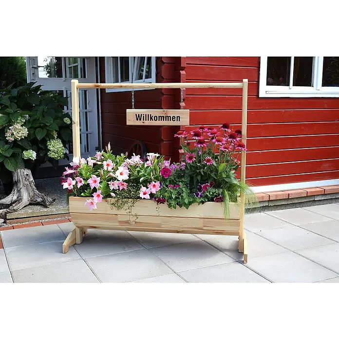 Promadino Pflanzkasten Willkommen - Außenmaß (L x B x H): 103 x 40 x 110 cm, Holz, Braun - Holzpflanzkasten mit Schild „Willkommen“ und Blumen, der eine einladende Atmosphäre schafft.