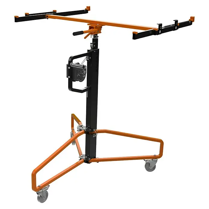 Plattenlift Mondelin Easylev Plus - Höhenverstellung: 150 cm - 350 cm - Oranger und schwarzer mobiler Trockenbaukran mit verstellbaren Plattenstützen und Kurbelmechanismus.