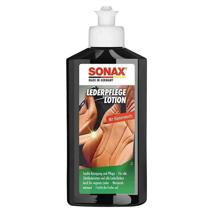 Sonax Lederpflege Lotion - 250 ml - Eine Flasche SONAX Lederpflege Lotion, ideal zur Pflege und Reinigung von Glattleder und veganem Leder mit Bienenwachs.