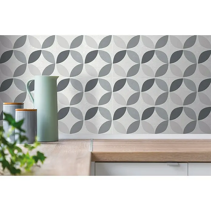 D-c-fix Fliesensticker Wall Tiles - 6 Stk., 30,5 x 30,5 cm, Geometric Style - Keramikfliesen mit grafischem Muster in Grau- und Weißtönen, ideal für moderne Küchen und Bäder. Das Design verleiht jedem Raum einen stilvollen Akzent.