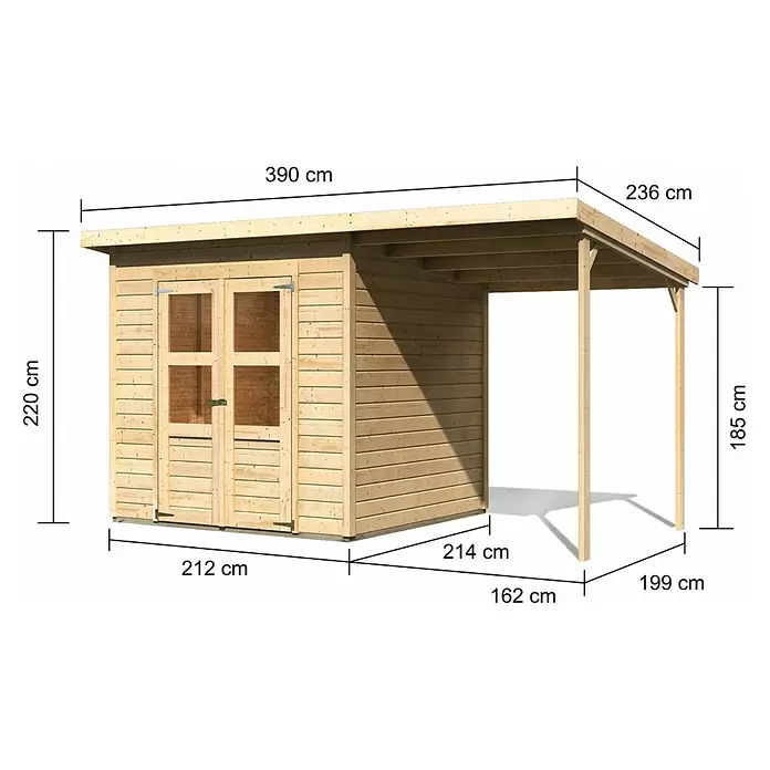 Karibu Gartenhaus Express - Außenmaß inkl. Dachüberstand (B x T): 390 x 236 cm, Holz, Naturbelassen, Mit Anbau - Holz Gartenhaus mit integriertem Seiten-Carport, Doppeltüren und natürlicher Holzoptik.