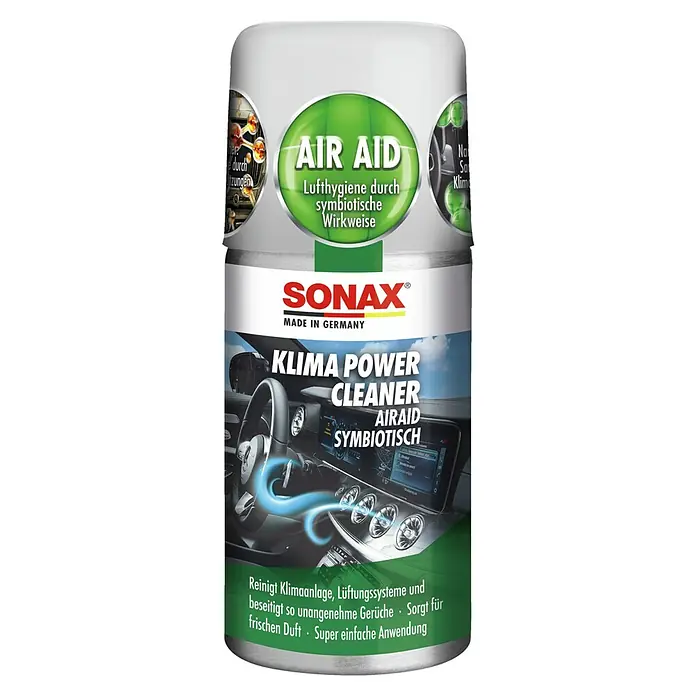 Sonax Klimaanlagen-Reiniger antibakteriell - 100 ml - Abbildung eines Sonax Klima Power Cleaner Air Aid für eine hygienische Klimaanlage und ein sauberes Lüftungssystem im Auto.