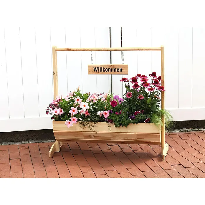 Promadino Pflanzkasten Willkommen - Außenmaß (L x B x H): 103 x 40 x 110 cm, Holz, Braun - Holz Pflanzkasten mit bunten Blumen und Willkommen-Schild.