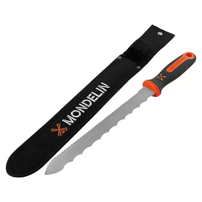 Mondelin Dämmstoffmesser - Länge: 280 mm - Ein gezacktes Mondelin-Messer mit orange-schwarzem Griff, neben der schwarzen Stoffscheide mit gesticktem Logo.