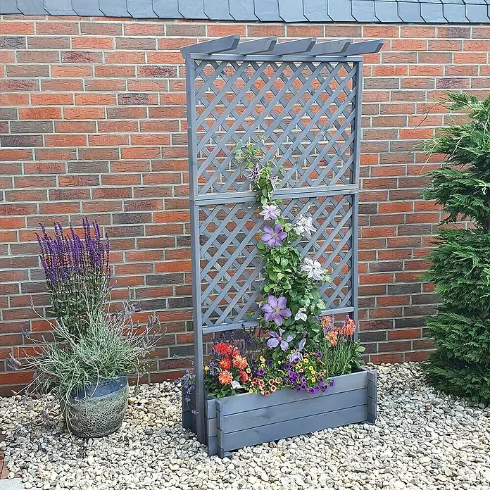 Promadino Pflanzkasten mit Pergola - Außenmaß (L x B x H): 200 x 64,5 x 102 cm, Holz, Grau - Graues Holzspalier mit integriertem Pflanzkasten, im Garten mit Kletter- und Topfblumen.