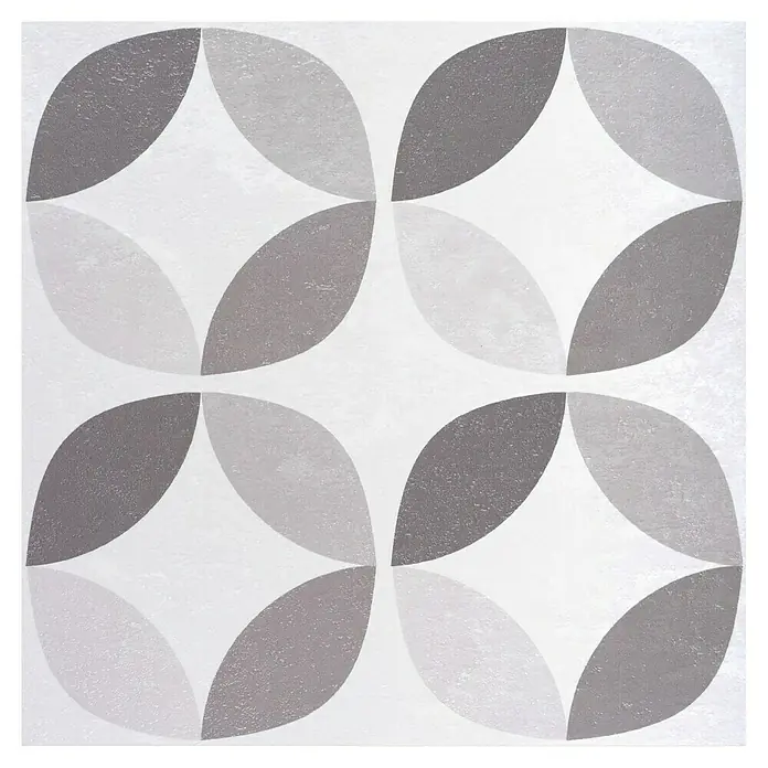 D-c-fix Fliesensticker Wall Tiles - 6 Stk., 30,5 x 30,5 cm, Geometric Style - Nahaufnahme einer quadratischen Fliese mit einem retro-inspirierten, grau-weißen Blütenblattmuster für eine stilvolle Wand- oder Bodengestaltung.