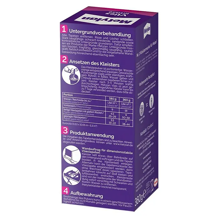 Metylan Tapetenkleister Vlieskleister - 360 g - Metylan Vlies Intense Kleisterpackung, Anweisungen zur Untergrundvorbereitung, Kleisteranwendung und Aufbewahrung für optimale Ergebnisse.