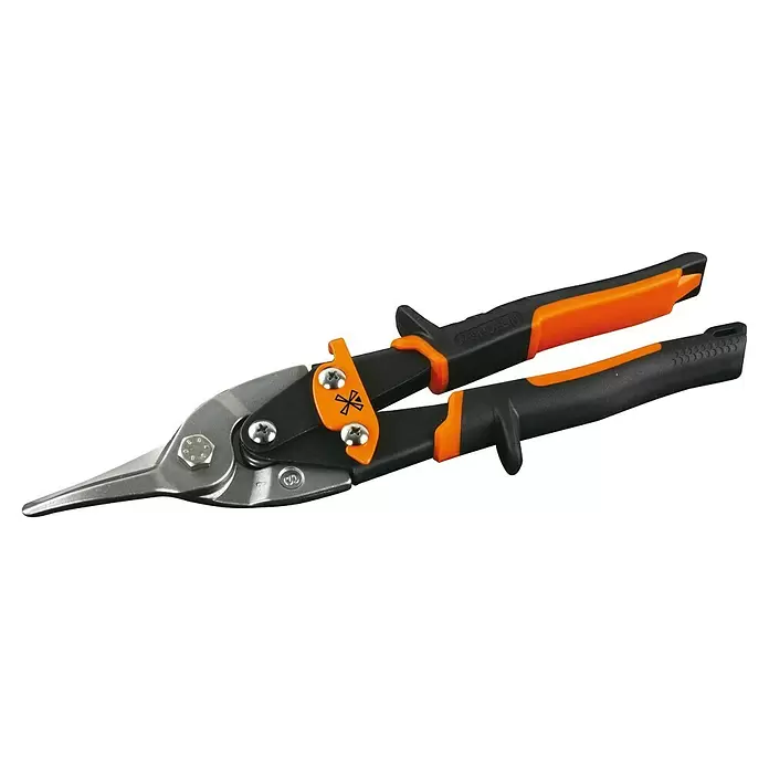 Mondelin Blechschere - Geeignet für: Blech, Schwarz - Mondelin Blechschere mit schwarzen und orangefarbenen Griffen und Metallklingen, mit Sternsymbol am Verschluss.
