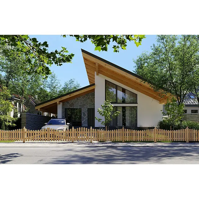Joda Vorgartenzaun Hamburg - 200 x 90 cm, Holz - Ein helles Haus mit einem markanten Holzzaun im Vorgarten, der das Grundstück stilvoll abgrenzt und eine einladende Atmosphäre schafft.