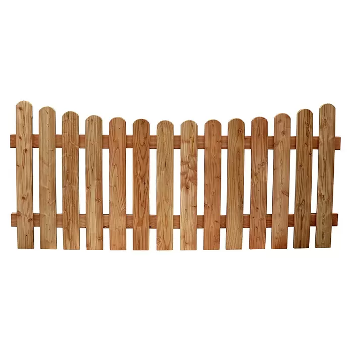 Joda Vorgartenzaun Vechta - 180 x 80/70 cm, Holz - Ein hellbrauner Holzzaun mit abgerundeten Pfählen.