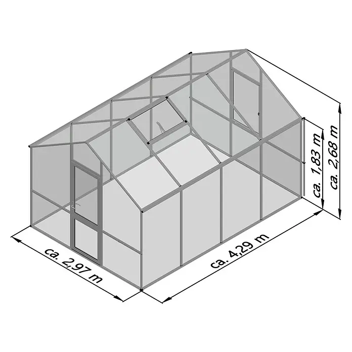 KGT Gewächshaus Lilie IV - Außenmaß inkl. Dachüberstand (B x T): 297 x 429 cm, 10 mm, Pressblank - Bild eines Gewächshauses mit Abmessungen, ca. 2,97 m breit, ca. 4,29 m lang und ca. 2,68 m hoch.\n