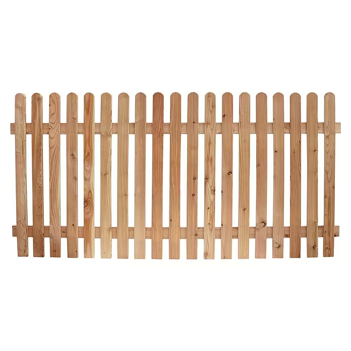 Joda Vorgartenzaun Kiel - 200 x 100 cm, Holz - Hellbrauner Holzzaun mit vertikalen Latten und abgerundeten Oberteilen.