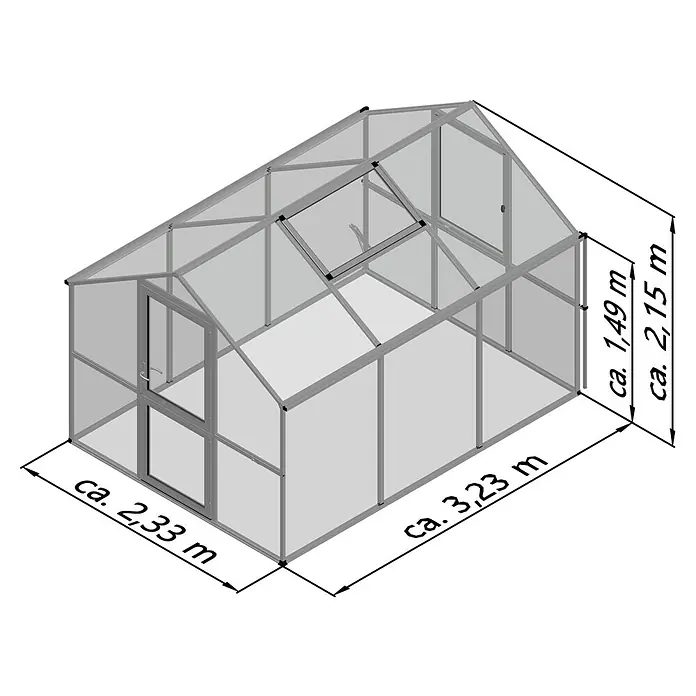 KGT Gewächshaus Rose III - Außenmaß inkl. Dachüberstand (B x T): 233 x 323 cm, 10 mm, Anthrazitgrau - Visualisierung eines Gewächshauses mit Maßangaben. Perfekt für Hobbygärtner.