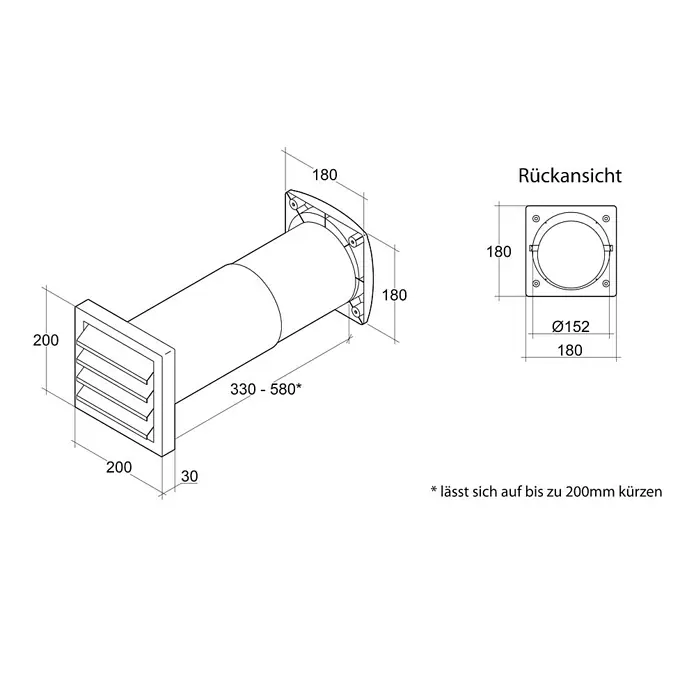 Air-Circle Aeroboy Energiespar-Mauerkasten - Durchmesser: 150 mm, Max. Luftleistung: 600 m³/h, Edelstahl - Technische Zeichnung eines Mauerkastens mit Maßen und Ansichten.