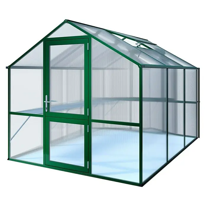KGT Gewächshaus Rose III - Außenmaß inkl. Dachüberstand (B x T): 233 x 323 cm, 10 mm, Moosgrün - Ein geräumiges Gewächshaus mit einem stabilen Rahmen und transparenten Paneelen, ideal für den Anbau von Pflanzen und Gemüse im eigenen Garten.