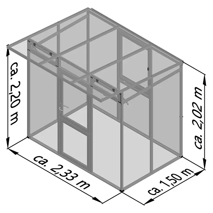 KGT Gewächshaus Santini II - small - Außenmaß inkl. Dachüberstand (B x T): 233 x 155 cm, Material Seitenwand: Kunststoff, 16 mm, Anthrazit-grau - Grau-silbernes Gewächshaus mit Aluminiumrahmen, transparenten Wänden, Tür und Dachfenster. Ca. 2,33m L x 1,50m B x 2,20m H.