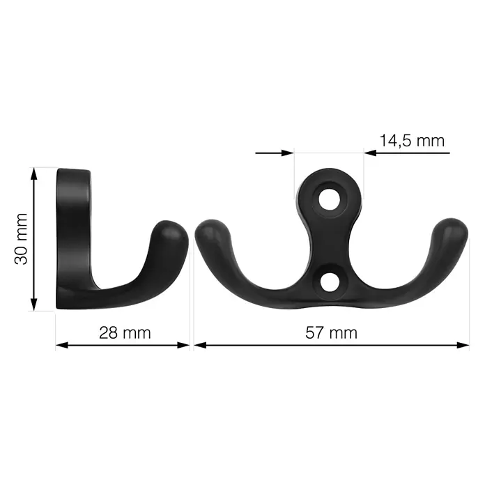 Walteco Garderobenhaken Romero II - L x B x H: 30 x 57 x 28 mm, Anzahl Haken: 2 Stk., Mattschwarz - Schwarzer Doppelhaken mit zwei abgerundeten Armen, mit wichtigen Maßen dargestellt.