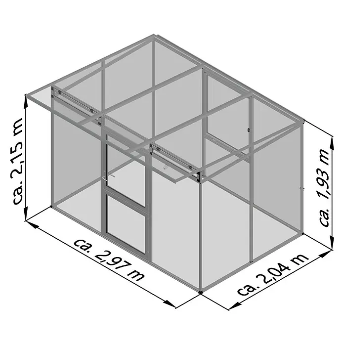 KGT Gewächshaus Linea II - Außenmaß inkl. Dachüberstand (B x T): 297 x 204 cm, 10 mm, Pressblank - Schematische Darstellung eines Gewächshauses mit Maßangaben der Höhe, Breite und Länge.