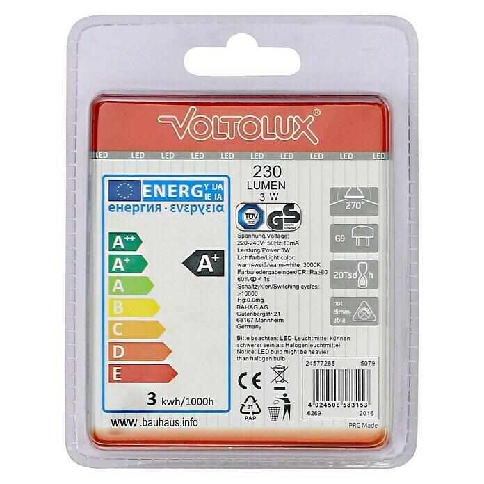 Voltolux Visokonaponske mini LED žarulje (3 W, G9, Topla bijela, 2 kom, Razred energetske učinkovitosti: A+)