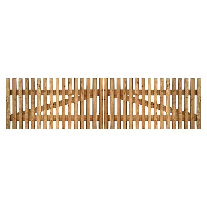 Joda Zauntor B - 300 x 80 cm, Lärchefarben, Holz - Hellbraunes Holzzaun-Doppeltor mit vertikalen Latten und diagonalen Streben.