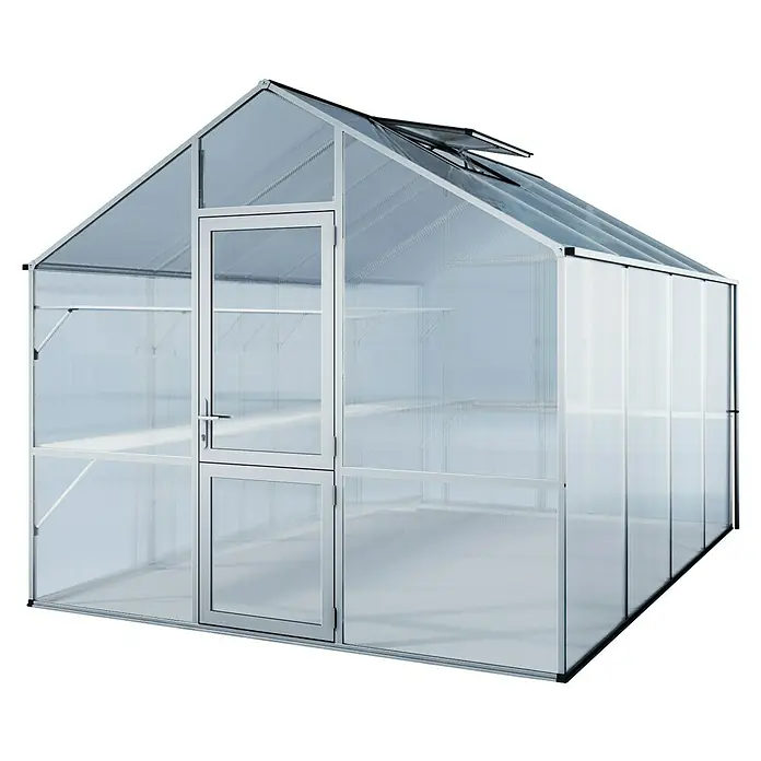 KGT Gewächshaus Lilie IV - Außenmaß inkl. Dachüberstand (B x T): 297 x 429 cm, 10 mm, Pressblank - Ein geräumiges Gewächshaus mit transparenter Verkleidung und stabilem Rahmen, ideal für Gartenliebhaber.