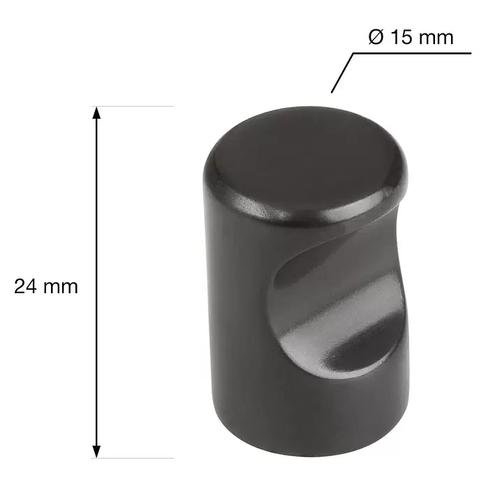 Walteco Möbelknopf Venlo - Durchmesser: 15 mm, Sonstige, Schwarz - Dunkelgrauer zylindrischer Möbelknauf mit Griffmulde, Ø 15 mm, 24 mm hoch.