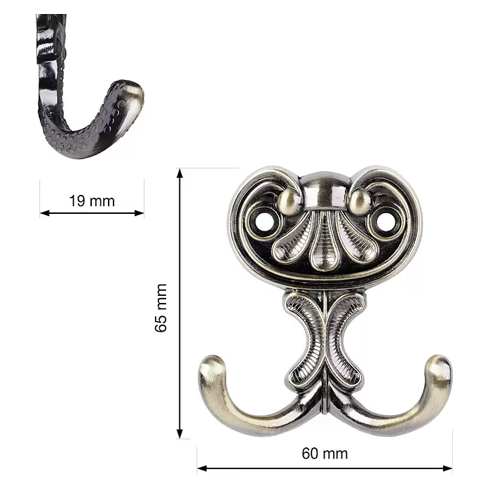 Walteco Garderobenhaken Bree II - L x B x H: 63 x 60 x 19 mm, Anzahl Haken: 2 Stk., Brüniert - Verzierte Doppelgarderobenhaken aus antikem Messing.