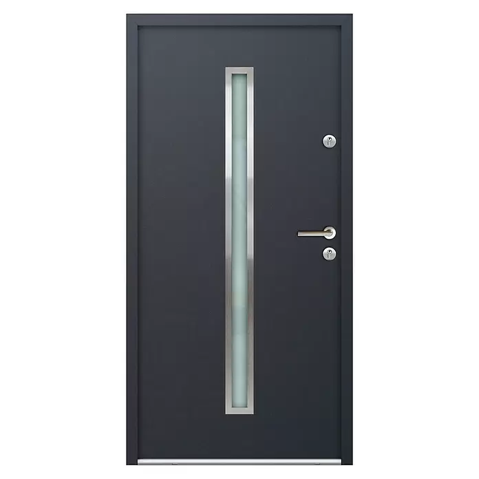 FM Türen Nebeneingangstür N68-01 - 100 x 200 cm, DIN Anschlag: Rechts, Anthrazit - Moderne dunkelgraue Tür mit hohem vertikalen Milchglaseinsatz und gebürstetem Metallgriff und Schlössern.