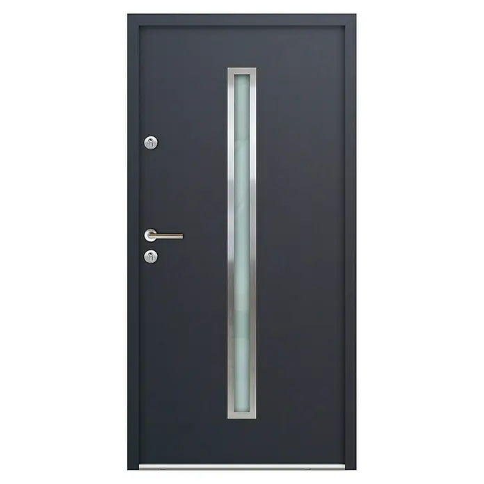 FM Türen Nebeneingangstür N68-01 - 100 x 200 cm, DIN Anschlag: Links, Anthrazit - Dunkelgraue moderne Eingangstür mit vertikaler Milchglasscheibe, silbernem Griff und zwei Schlüssellöchern.
