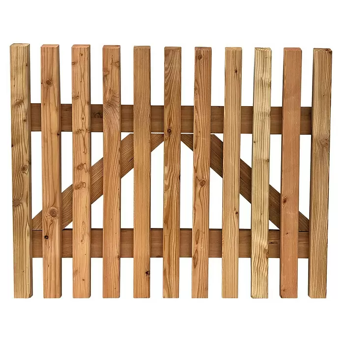 Joda Zauntor B - 100 x 80 cm, Lärchefarben, Holz - Holzzauntor aus Naturholz, mit vertikalen Latten, horizontalen Riegeln und diagonalen Streben.