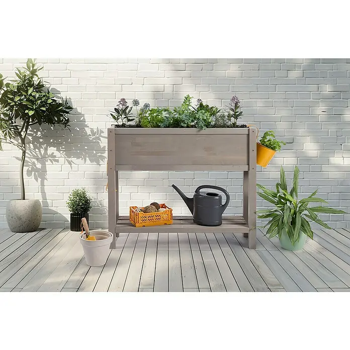 Sun Hochbeet Bloom 100 - 100 x 30 x 85 cm, Holz, Warmgrau - Das Bild zeigt einen grauen, erhöhten Pflanzkasten mit verschiedenen Pflanzen, einer Gießkanne und Gartengeräten auf einer Terrasse vor einer Ziegelwand.