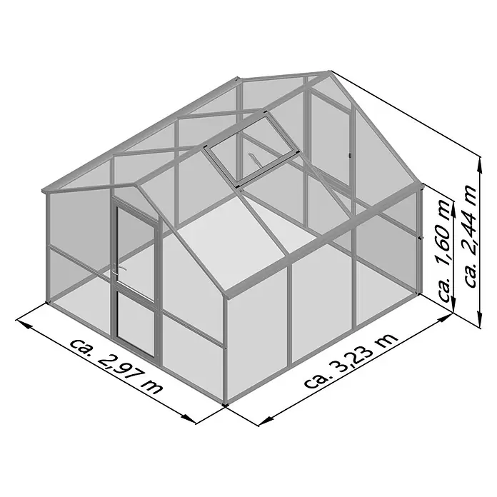 KGT Gewächshaus Nelke III - Außenmaß inkl. Dachüberstand (B x T): 297 x 323 cm, Material Seitenwand: Kunststoff, 16 mm, Pressblank - Graues Gewächshaus mit transparenten Platten, Satteldach, Tür und Dachfenster. Maße: ca. 3,23m Länge, 2,97m Breite, 2,44m Gesamthöhe.