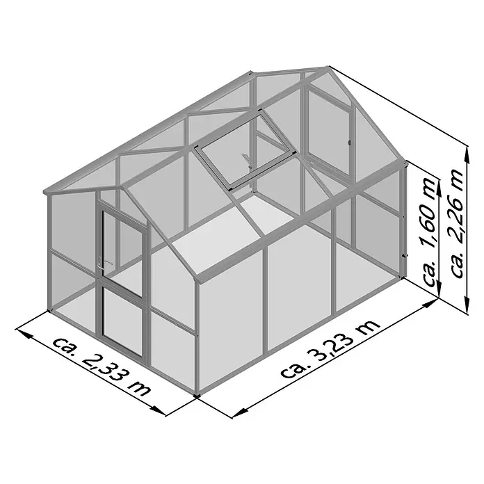 KGT Gewächshaus Iris III - Außenmaß inkl. Dachüberstand (B x T): 233 x 323 cm, Material Seitenwand: Kunststoff, Tannengrün - Gewächshaus mit silbernem Aluminiumrahmen und transparenten Platten, Tür und Dachfenster. Maße: ca. 2,33m B x 3,23m L x 1,60m/2,26m H.