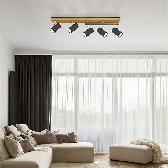Globo Robby LED-Deckenleuchte - 35 W, L x B x H: 70 x 35 x 17 cm, Graphit, Holz - Moderne Deckenleuchte mit sechs Strahlern in Schwarz und Holzoptik für ein stilvolles Ambiente im Wohnraum.