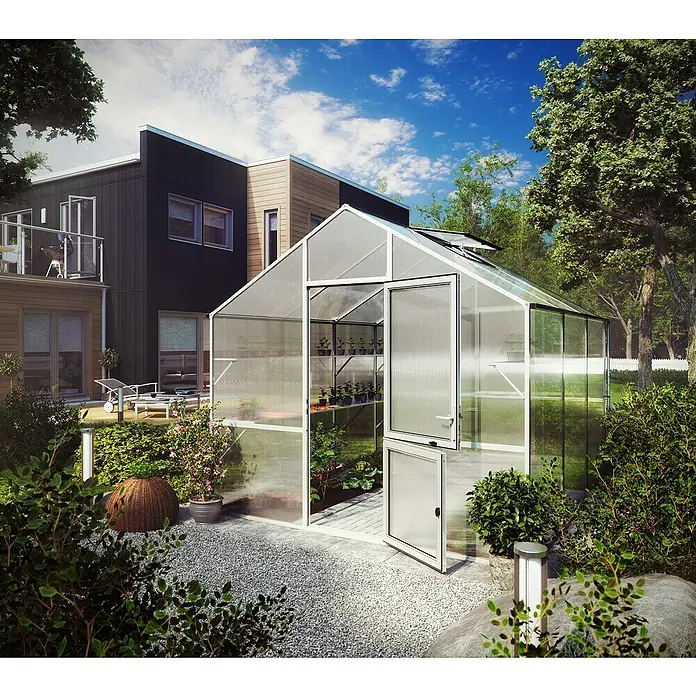 KGT Gewächshaus Lilie III - Außenmaß inkl. Dachüberstand (B x T): 297 x 323 cm, 10 mm, Pressblank - Das Bild zeigt ein Gewächshaus im Garten. Das Gewächshaus ist aus Glas und Metall gefertigt und bietet Platz für Pflanzen.